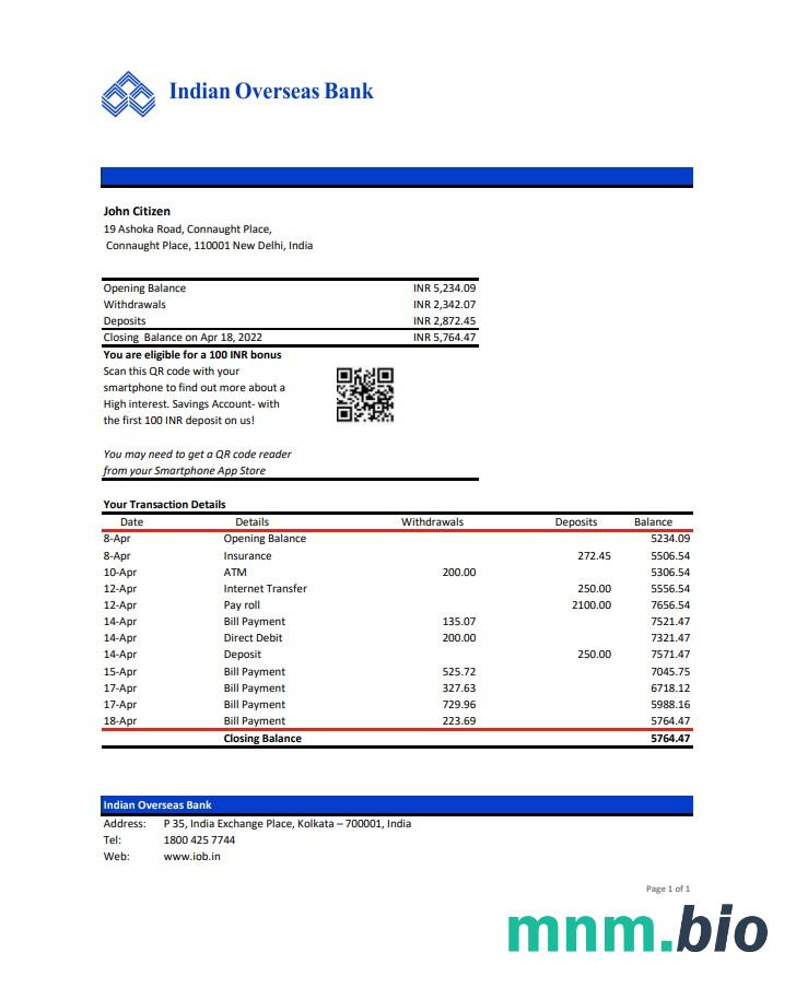 Indie Indian Overseas Bank statement template, Word i PDF format